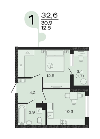 Планировка 1-комн 32,6 м²