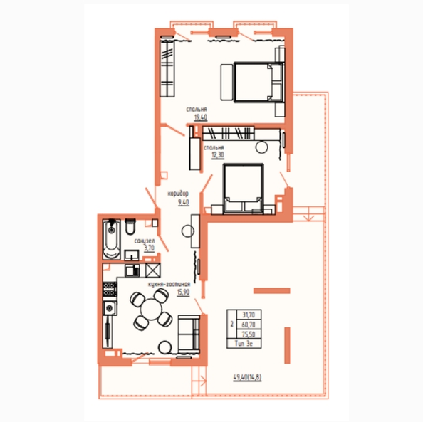 Планировка 3-комн 75,5 м²