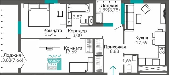 Планировка 2-комн 69,75 - 70,45 м²