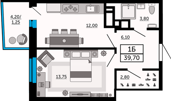 Планировка 1-комн 39,7 м²