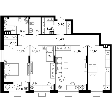 Планировка 3-комн 111,85 м²