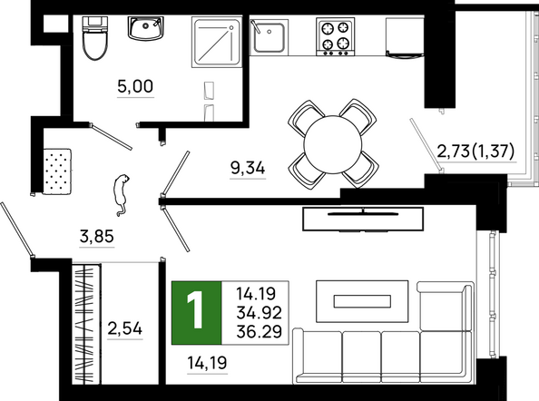 Планировка 1-комн 36,29 м²