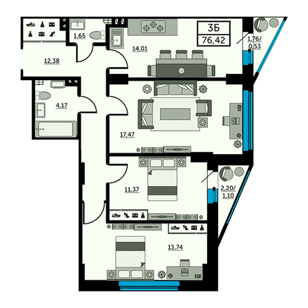 Планировка 3-комн 76,1 - 76,5 м²