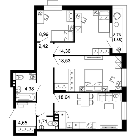Планировка 3-комн 82,55 м²