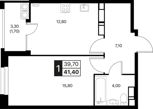 Планировка 1-комн 41,4 - 42,3 м²