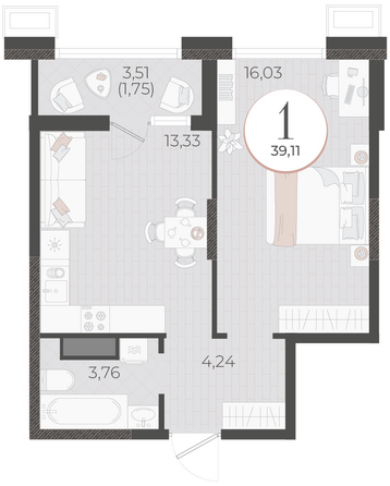 Планировка 1-комн 39,11 м²