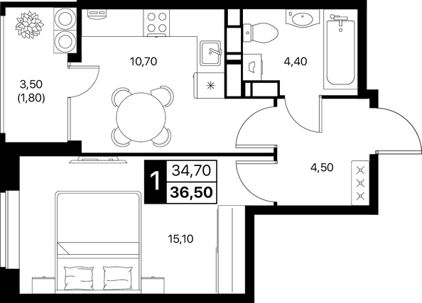 Планировка 1-комн 36,5 - 37,4 м²