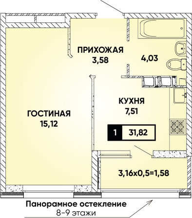 Планировка 1-комн 31,82 м²