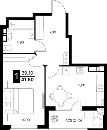 Планировка 1-комн 41,5, 41,8 м²