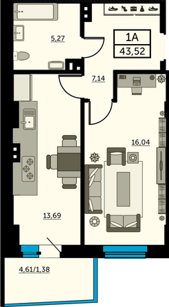 Планировка 1-комн 42,99 - 43,23 м²