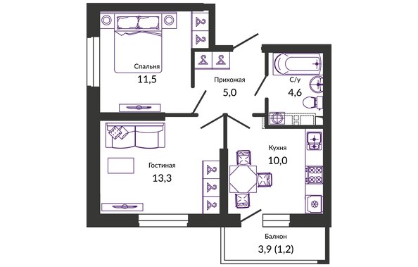 Планировка 2-комн 45,6 м²