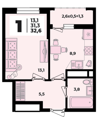 Планировка 1-комн 32,6 м²