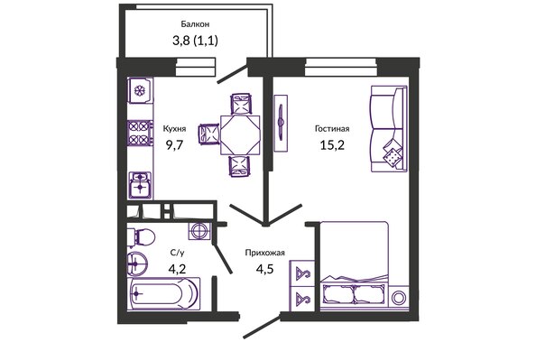 Планировка 1-комн 34,7, 35,1 м²