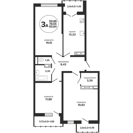 Планировка 3-комн 83,64 м²