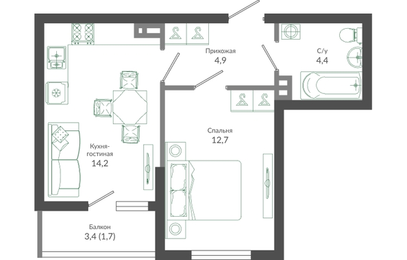 Планировка 1-комн 37,9 м²