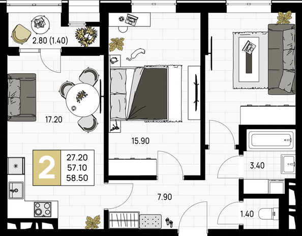 Планировка 2-комн 58,5 м²