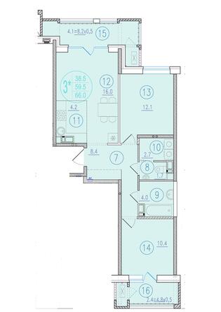 Планировка 3-комн 66, 66,9 м²