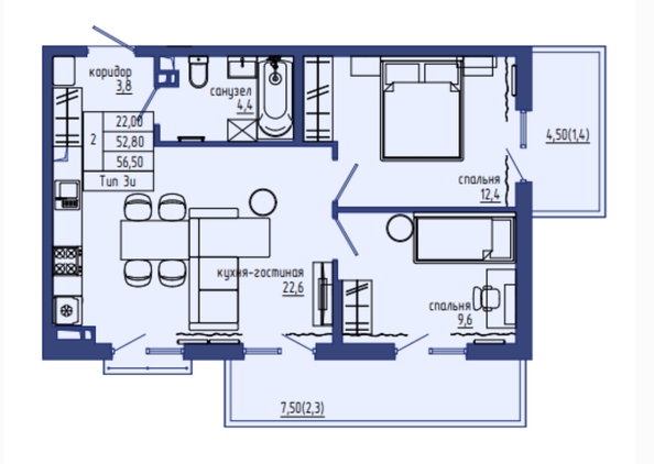 Планировка 3-комн 56,5 м²