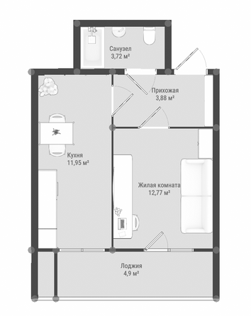 Планировка 1-комн 34,77 м²