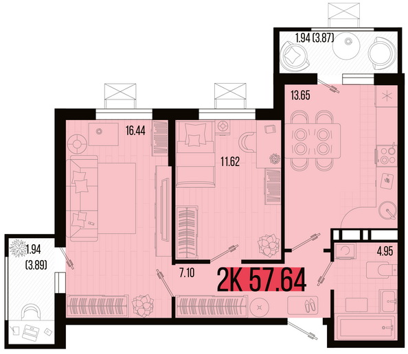 Планировка 2-комн 57,64 м²