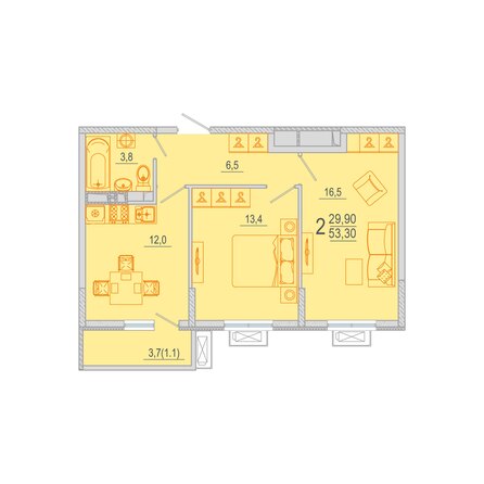 Планировка 2-комн 53,17 - 53,8 м²