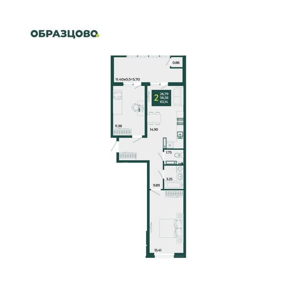 Планировка 2-комн 63,14 м²