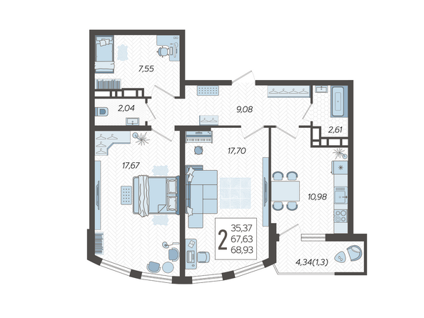 Планировка 2-комн 68,93 м²