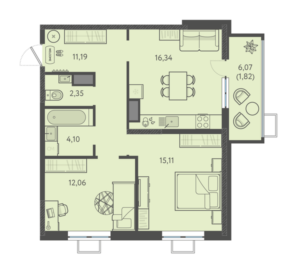 Планировка 2-комн 62,97 м²