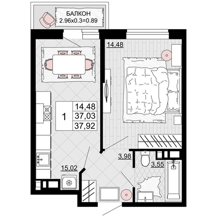 Планировка 1-комн 37,92 м²