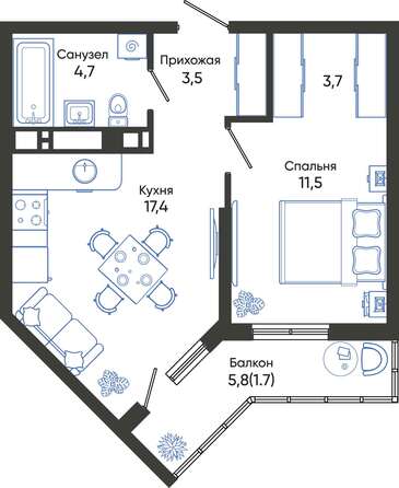 Планировка 1-комн 42,5 - 45,1 м²
