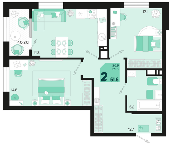 Планировка 2-комн 61,6, 62,4 м²