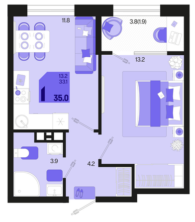 Планировка 1-комн 35 - 35,5 м²