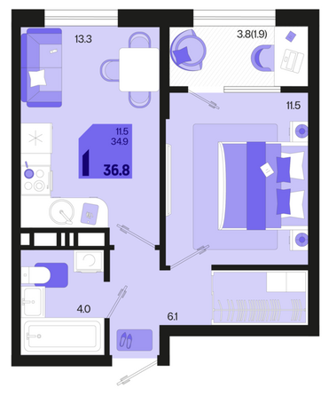 Планировка 1-комн 36,8, 37,4 м²