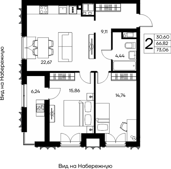 Планировка 2-комн 73,06 - 76,31 м²