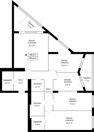 Планировка 4-комн 165 м²