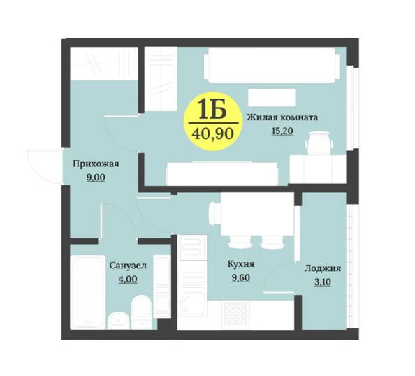 Планировка 1-комн 40,9 м²