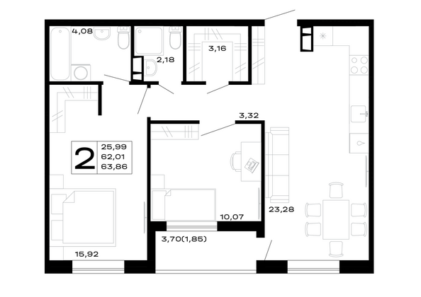Планировка 2-комн 63,86 м²