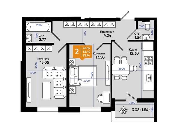 Планировка 2-комн 53 - 53,9 м²