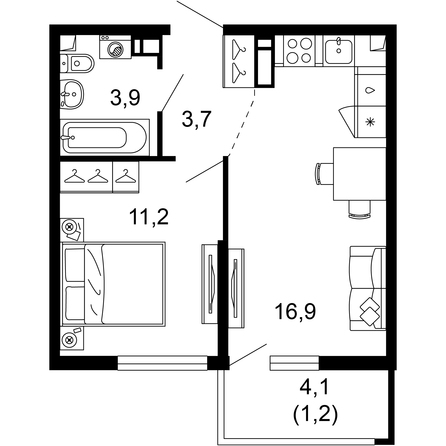 Планировка 1-комн 36,9 м²