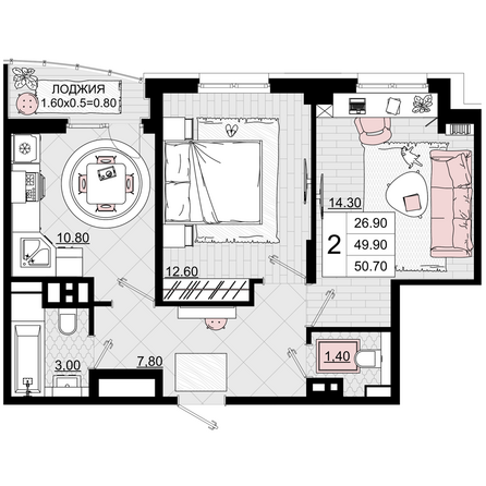 Планировка 2-комн 50,7 м²