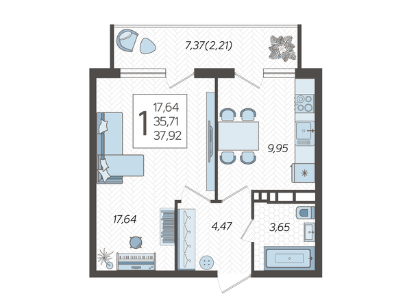 Планировка 1-комн 37,92 м²