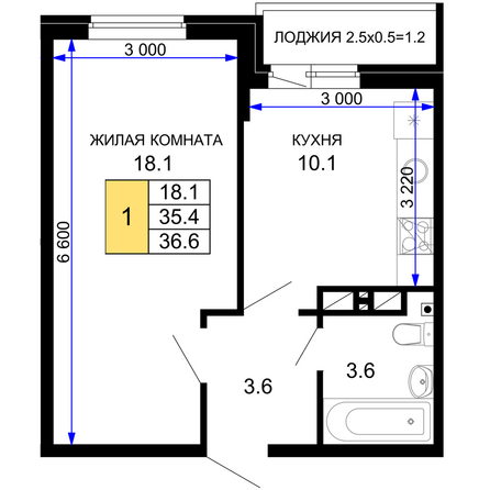 Планировка 1-комн 36,6 м²