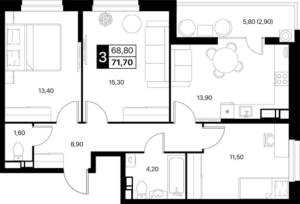Планировка 3-комн 71,7, 72 м²