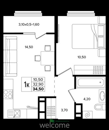 Планировка 1-комн 34,5 м²