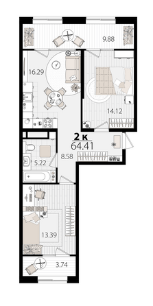 Планировка 2-комн 64,21 м²