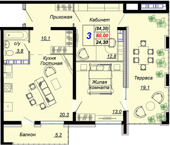 Планировка 3-комн 84,3 м²