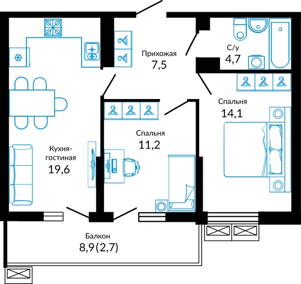 Планировка 2-комн 59,8 м²