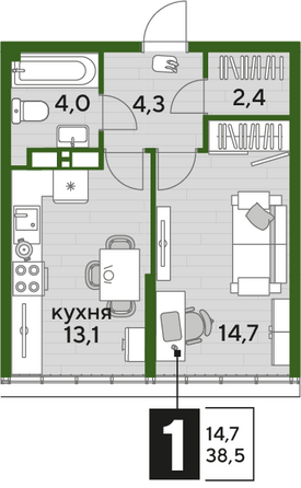 Планировка 1-комн 38,5 м²