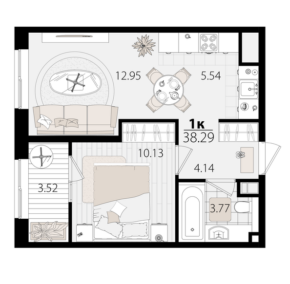 Планировка 1-комн 38 м²