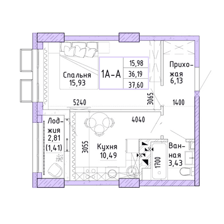 Планировка 1-комн 37,6 м²